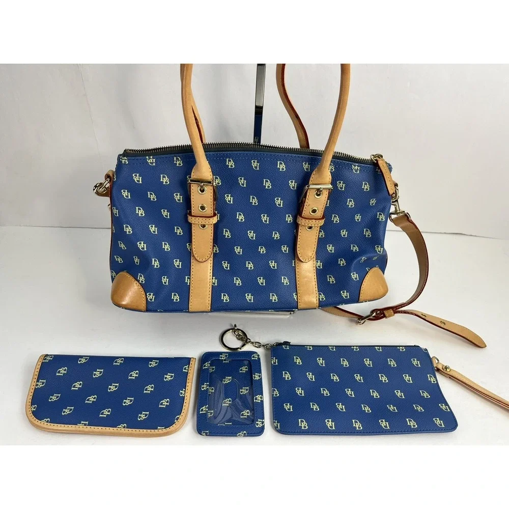 Dooney & Bourke Blue & Tan Monogram Satchel Purse w/ Wallet Glasses Case ID Hold